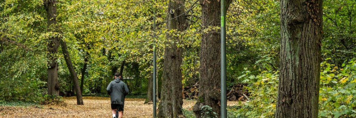A person jogging on a leaf-covered path through a lush autumn forest.
